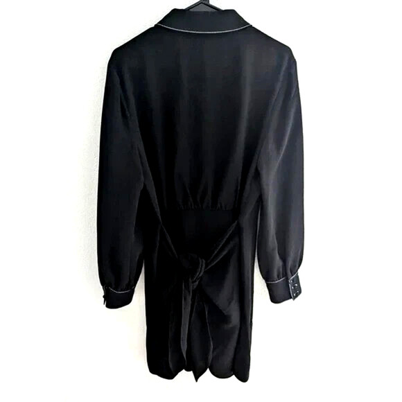 Cinq a Sept Gaby Tie Waist Topstitched Crepe Mini Dress Black Long Sleeve 0 - Picture 8 of 10